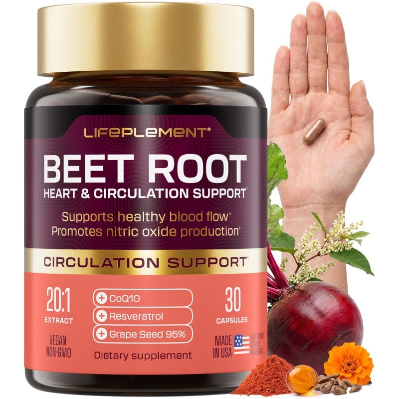 Beet root supplement bottle with a hand and fresh beetroot.