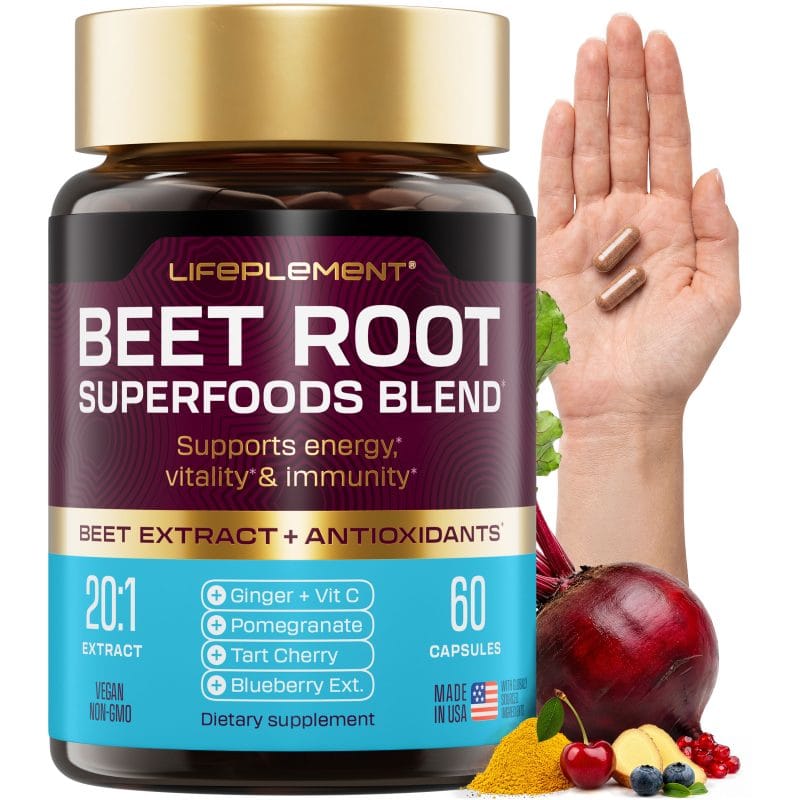 BeetRoot supplements bottle with capsules and fresh beets.