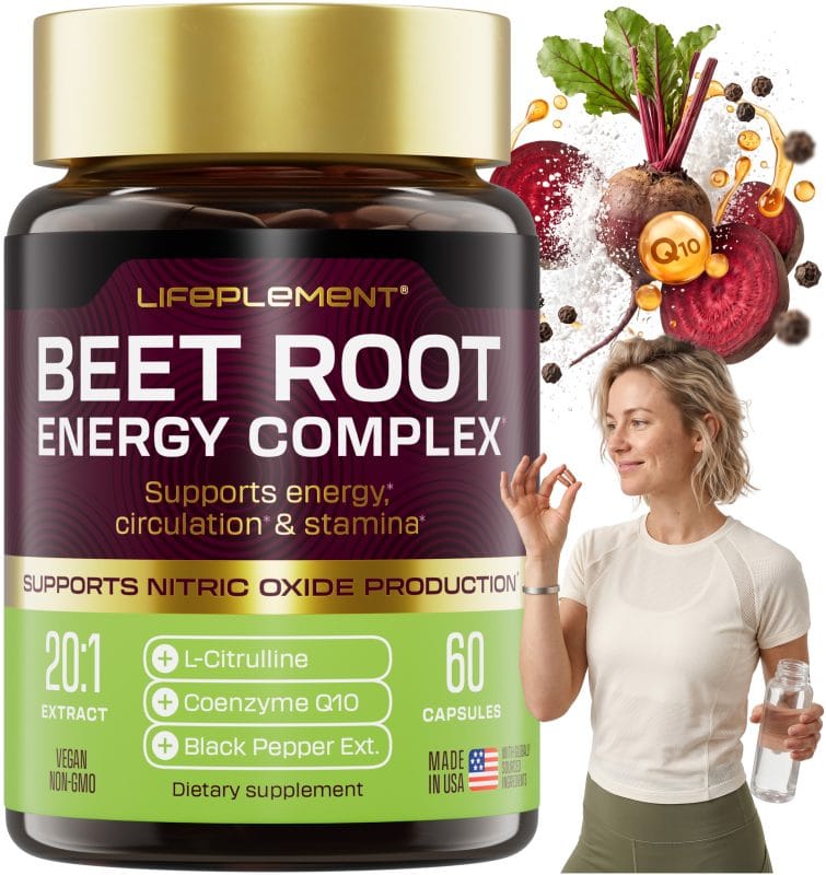 LIFEPLEMENT BeetRoot supplement bottle with beets and ingredients background.