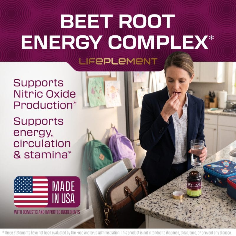 Woman taking beetroot supplement in kitchen for energy and stamina.