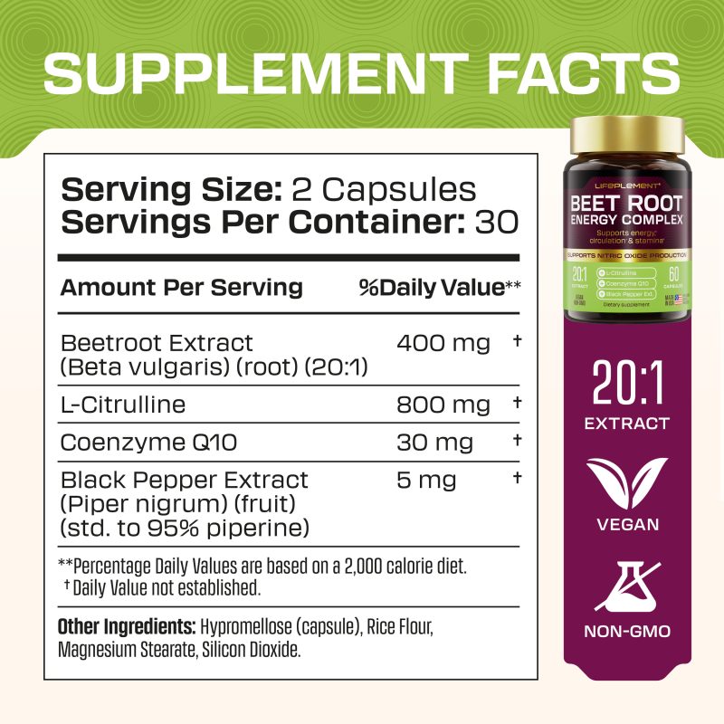 BeetRoot supplement bottle with label highlighting energy and health benefits.
