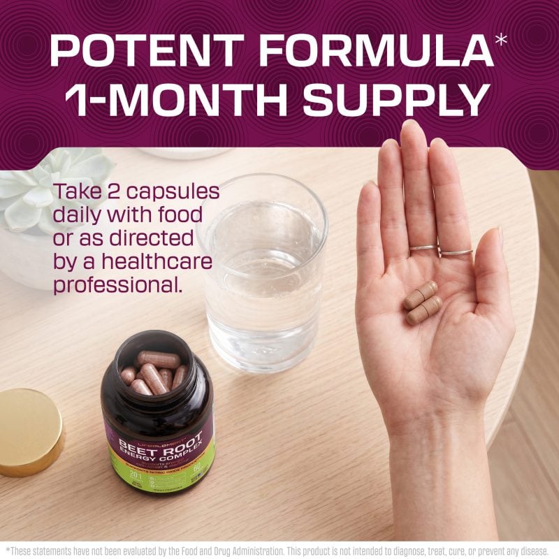 LIFEPLEMENT BeetRoot Supplements with a glass of water and a hand showing dosage.