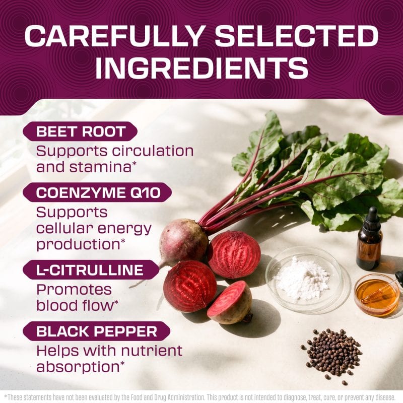 Beetroot, coenzyme Q10, L-citrulline, and black pepper ingredients for health benefits.