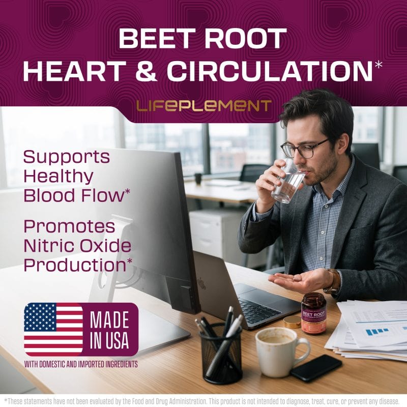 Man drinking water with LIFEPLEMENT BeetRoot supplement on desk.