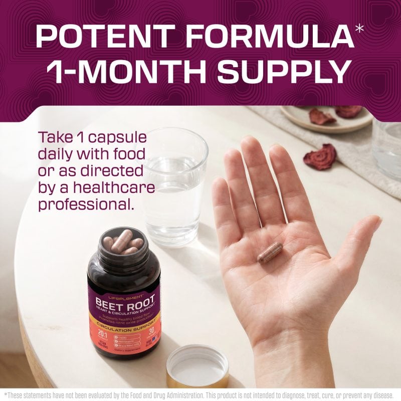 BeetRoot supplement bottle with capsule in hand, promoting health benefits.