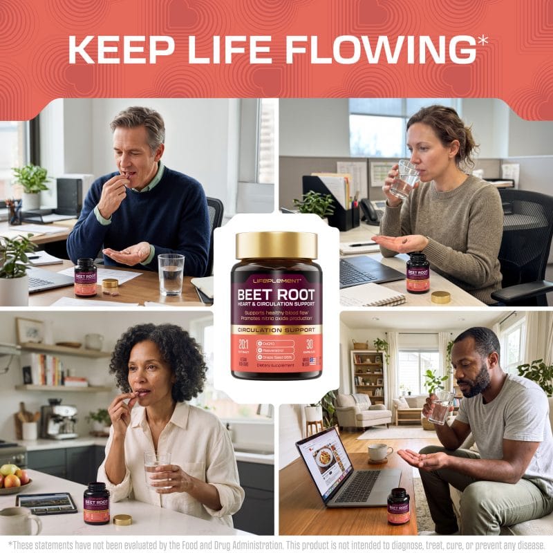 BeetRoot supplement bottle with diverse people drinking water and juice.