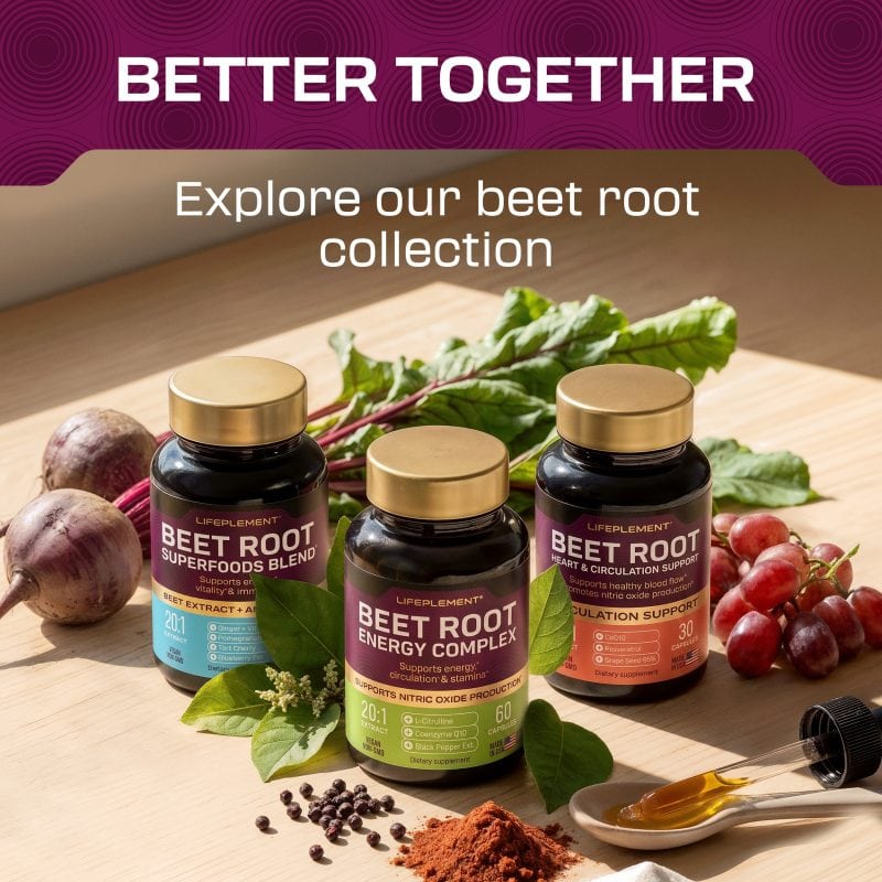 LIFEPLEMENT BeetRoot Supplements with fresh beets and ingredients.