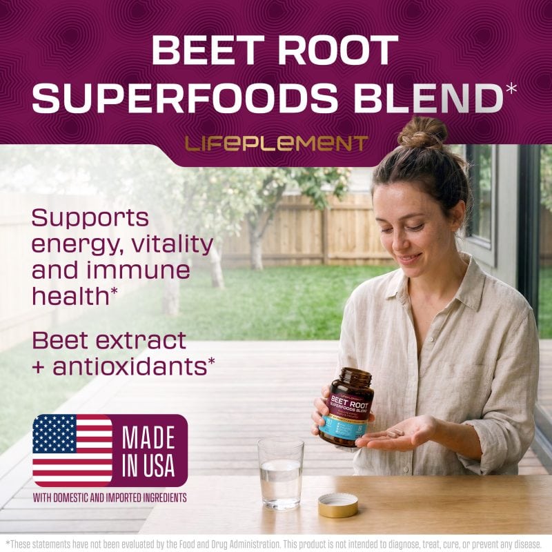 Beet root supplement jar with woman holding it outdoors.