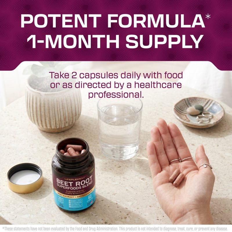 LIFEPLEMENT BeetRoot supplement bottle with capsules and a glass of water.