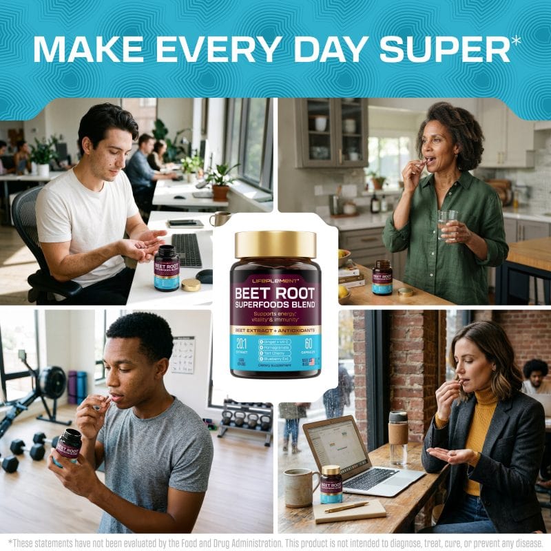 LIFEPLEMENT BeetRoot Superfoods supplement bottle with diverse people using it.