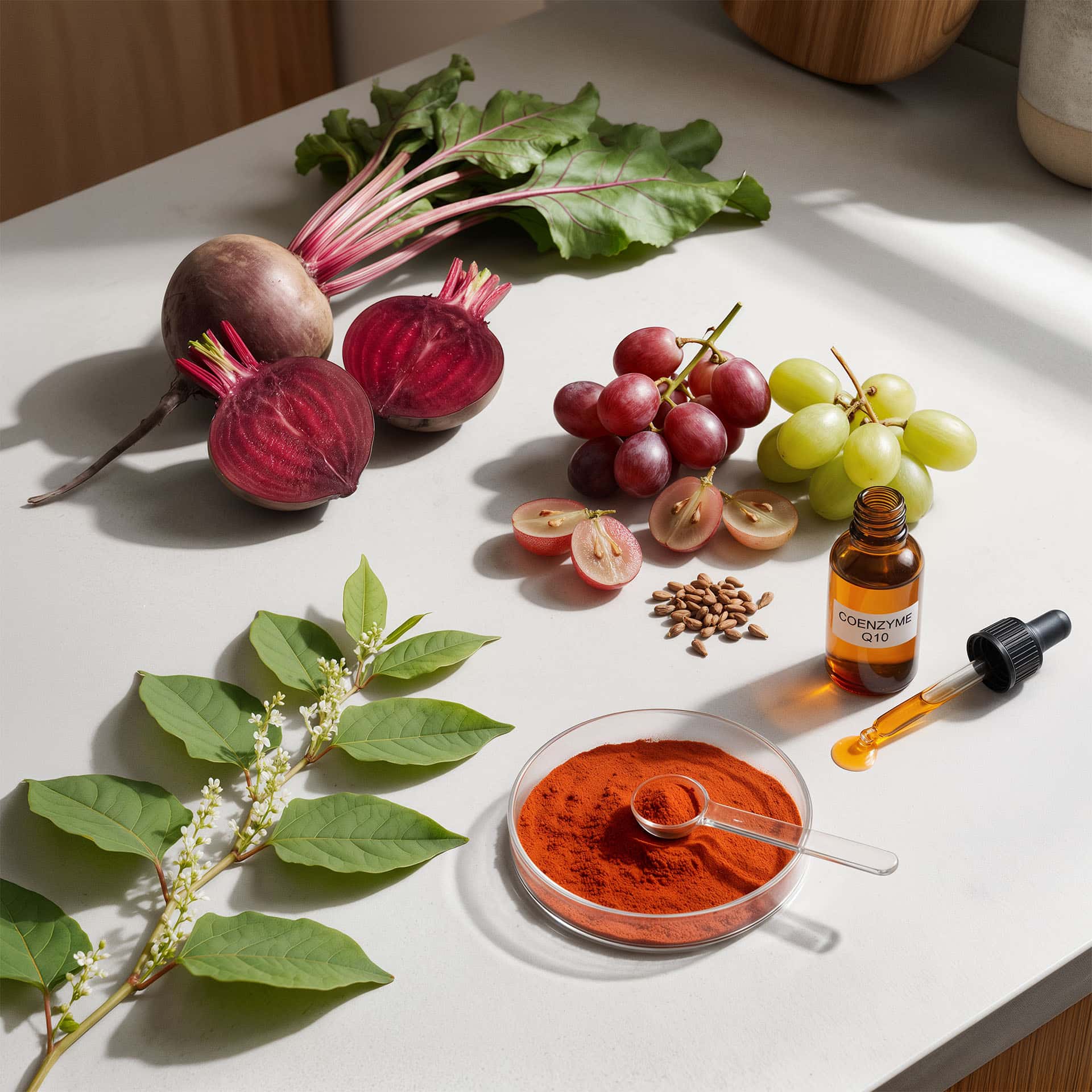 Beetroot and natural ingredients for supplements on a white surface.