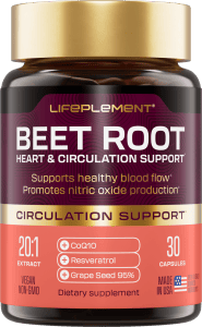 Beet root supplement bottle for heart and circulation support with natural ingredients.