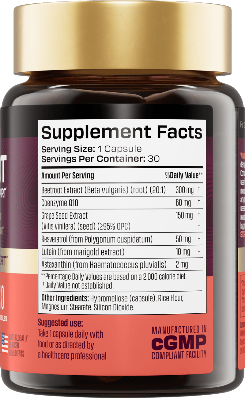 Beetroot supplement bottle with label showing ingredients and benefits.