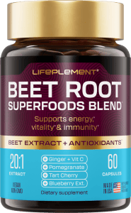 BeetRoot supplements bottle with ginger, pomegranate, tart cherry, and blueberry extract.