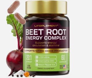 Beetroot supplement bottle with capsules, beet, and leaves for energy support.