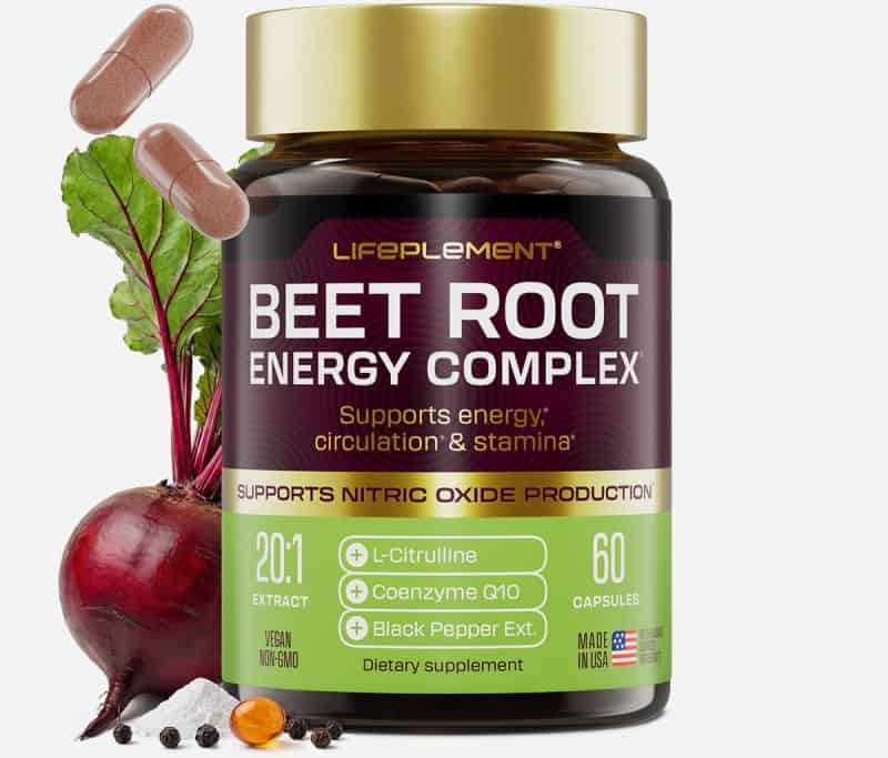 Beetroot supplement bottle with capsules, beet, and leaves for energy support.