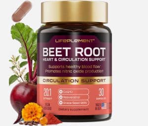 Beet root supplement bottle with fresh beetroot and ingredients.