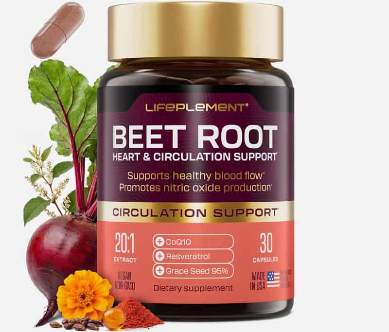 Beet root supplement bottle with fresh beetroot and ingredients.