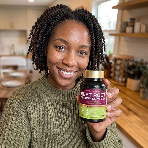 Woman holding LIFEPLEMENT Beet Root Energy Complex supplement bottle.