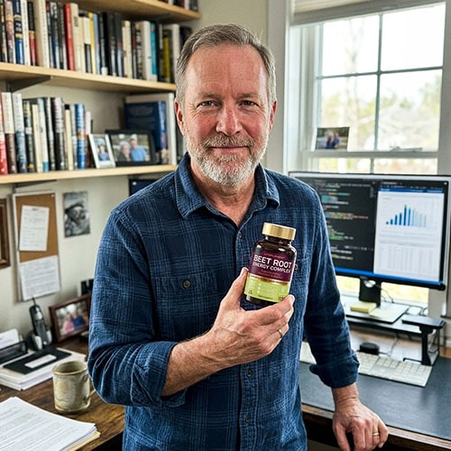 Man holding LIFEPLEMENT Beetroot supplement bottle in office setting.