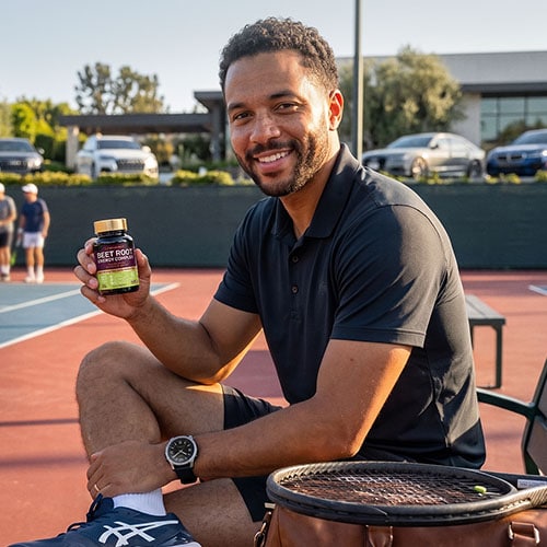 Man holding LIFEPLEMENT Beetroot Supplements bottle outdoors.