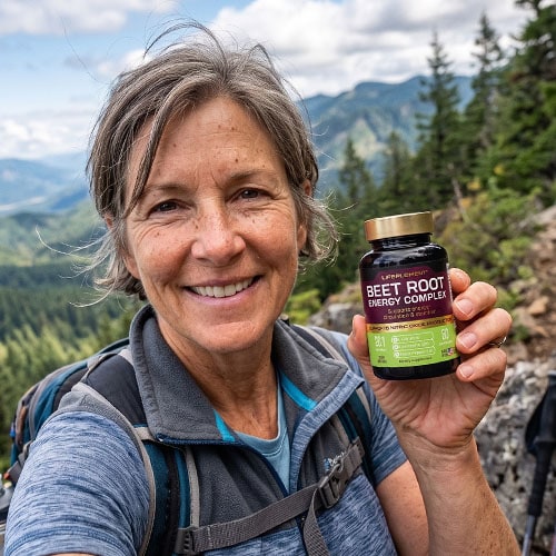 Woman hiking outdoors holding LIFEPLEMENT Beetroot supplement bottle.