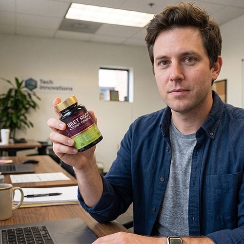 Man holding LIFEPLEMENT Beetroot Supplements bottle in office.