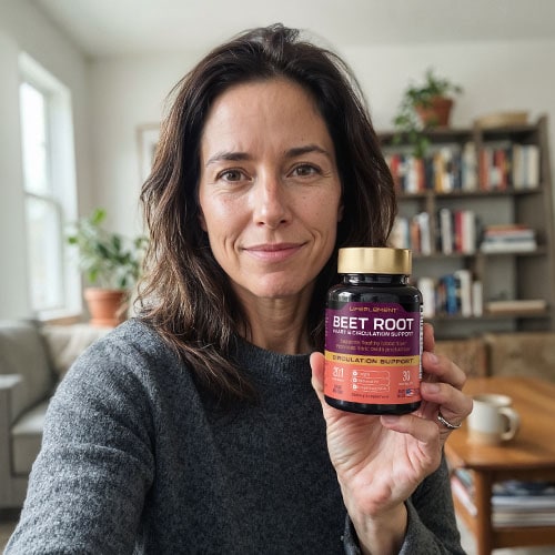 Woman holding LIFEPLEMENT Beetroot Supplement jar in a cozy home.