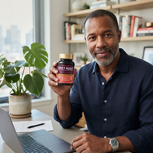 Man holding LIFEPLEMENT Beet Root supplement bottle in office setting.