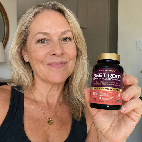 Woman holding LIFEPLEMENT Beetroot supplement bottle for heart health.