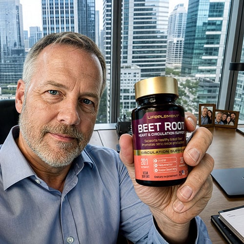 Man holding LIFEPLEMENT Beet Root supplement bottle in office.