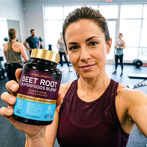 Woman holding LIFEPLEMENT Beetroot Supplements bottle at gym.