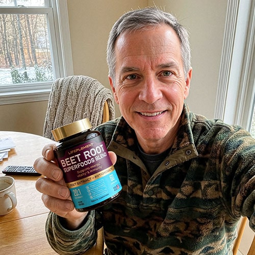 Man holding LIFEPLEMENT Beetroot Supplements jar indoors.