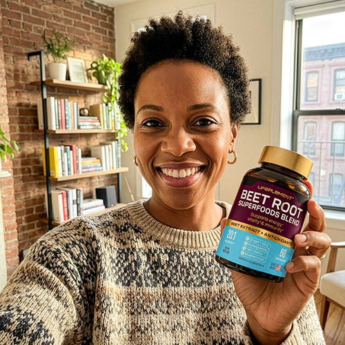 Woman holding LIFEPLEMENT Beetroot Supplements bottle in bright room.