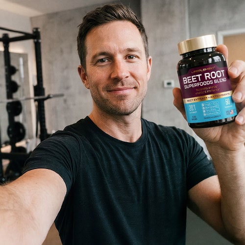 Man holding LIFEPLEMENT Beetroot Supplements bottle in gym.