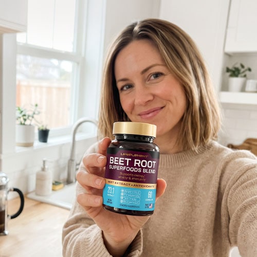 Woman holding LIFEPLEMENT Beet Root Supplements jar in kitchen.