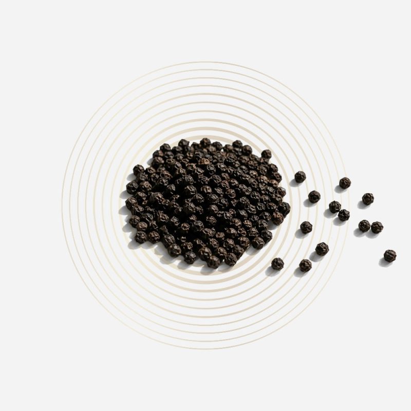 Black peppercorns for beetroot supplement production on white background.