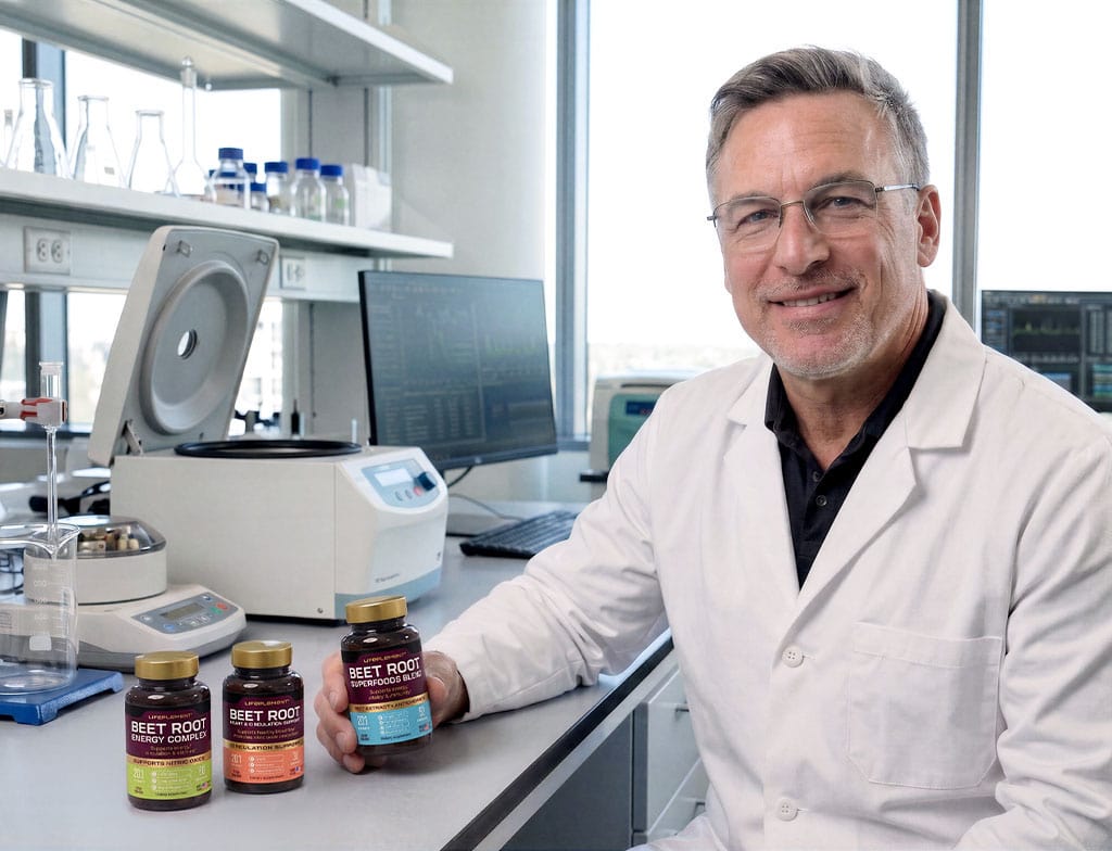 Scientist holding BeetRoot supplement bottles in a laboratory setting.